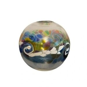 Kitras Art Glass Hand Blown Blue Swirl Confetti Bud Vase Paperweight Orb 6"